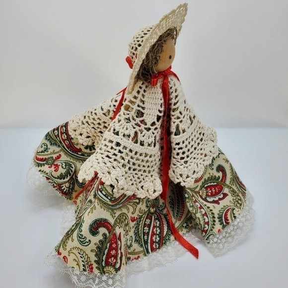 Handmade Wood and Crochet Doily Country Little Girl Doll - Picture 5 of 12